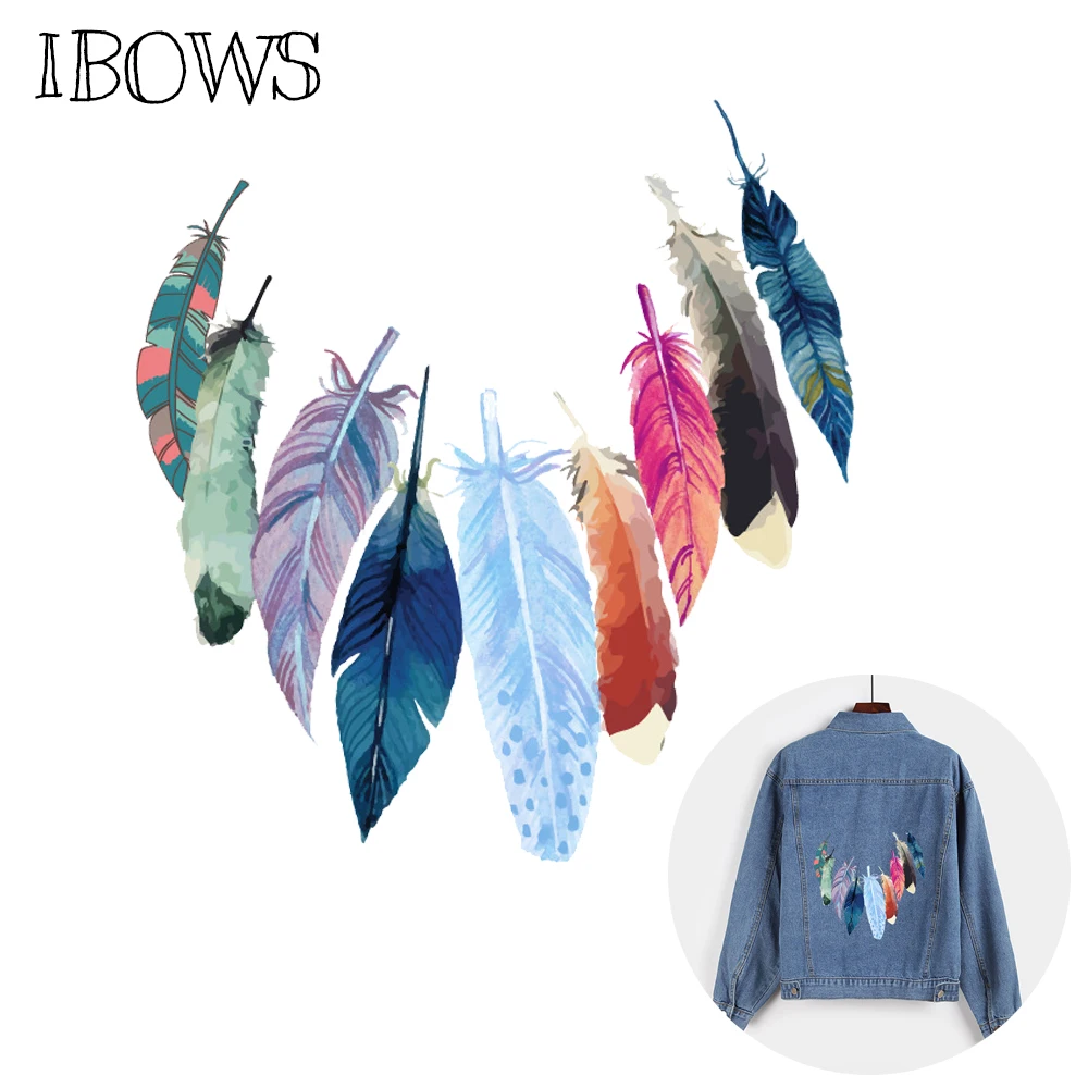 

IBOWS Feather Heat Transfers PVC Patch Stickers Washable Iron On Patches for Clothes DIY Printing T-shirt Gril Bag Decoration