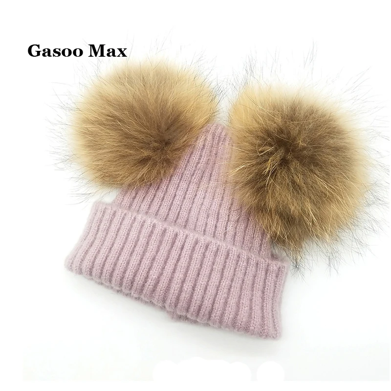 

2017 New Cute Baby Girls Boys Beanie Cashmere Winter Hats With 2 Real Raccoon Fur Pompom Kids Beanies Knitted Baby