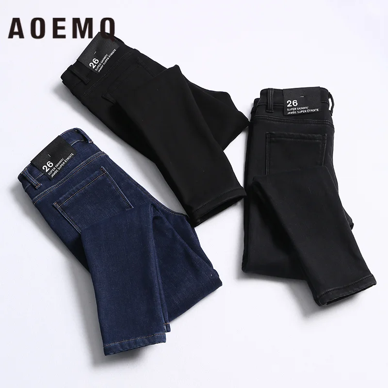 AOEMQ Joker Body Inside Plus Velvet Fine Plush Warm Thick Cotton Stretch Thin High Waist Tight Denim Pants Woman |