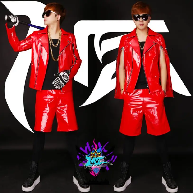 

S-5XL ! 2016 Men Bigbang Singers GD Zipper Long Sleeve Red Motorcycle Leather Jacket Sets Stage Show Costumes ! free shipping
