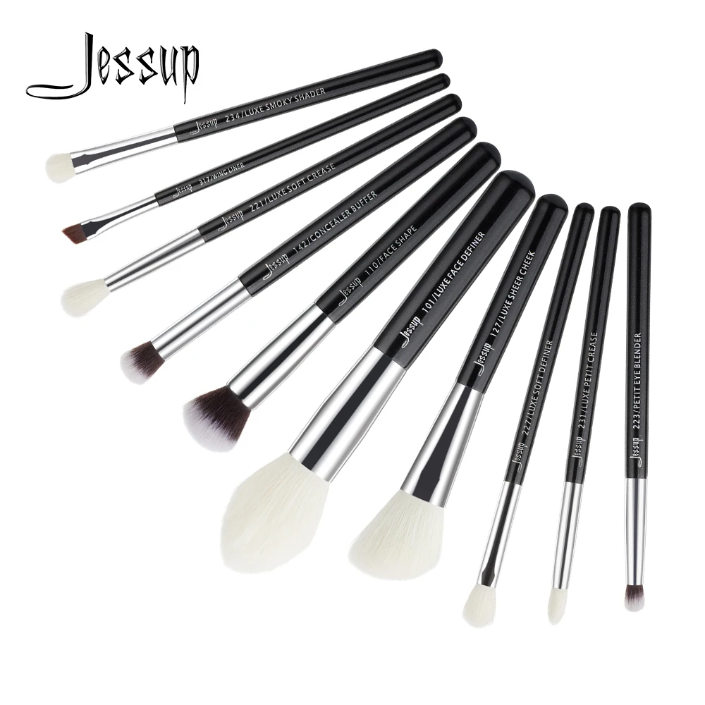 

Jessup Brushes 10pcs Black/Silver Makeup Brushes Set Cosmetics Brush Tools kit Foundation Powder Definer Shader Liner T183