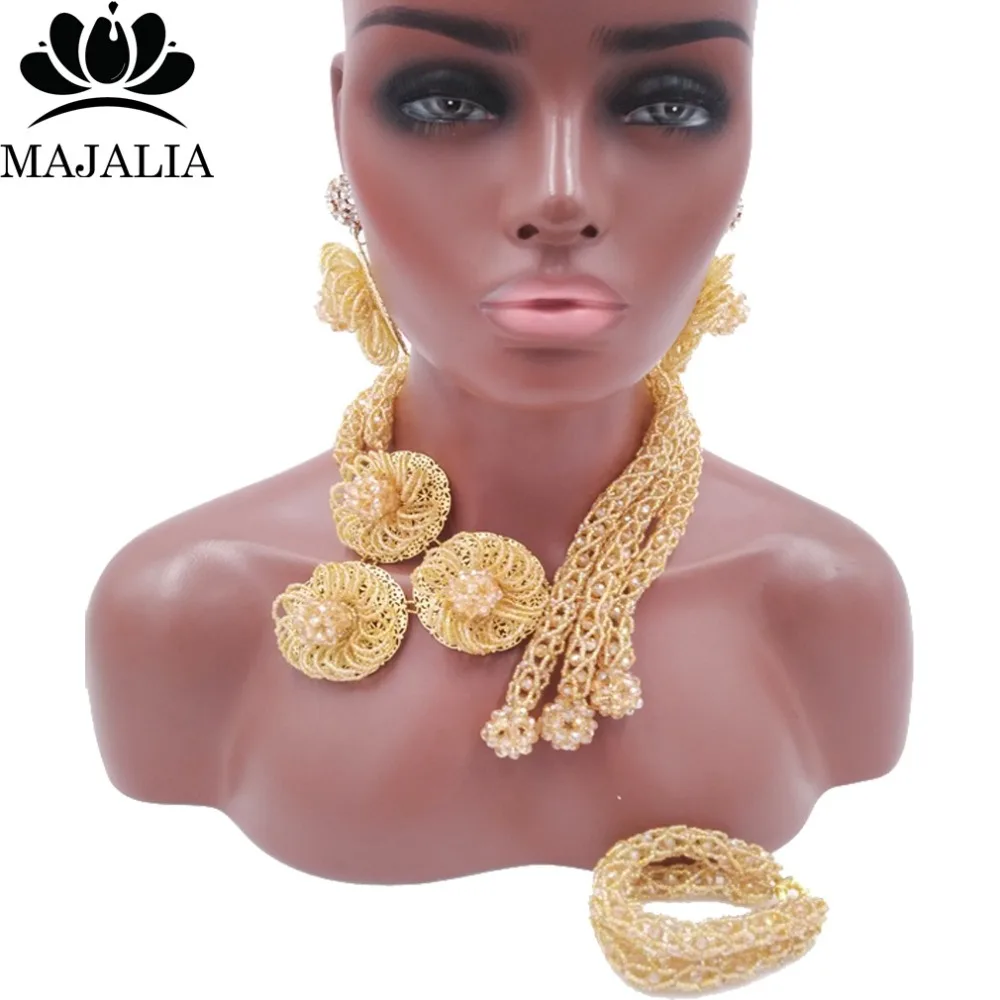 2017 Fashion Nigeria Wedding african beads jewelry set Gold Champagne