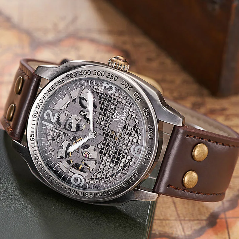 

Mechanical Automatic Skeleton Watches Men Steampunk Wrist Watch Power Self Widing Bronze Antique Leather Clock Mens Wristwatches