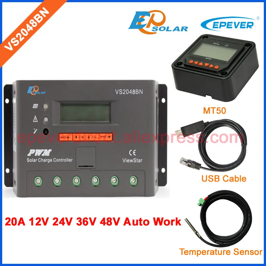 

Solar PWM panel controller 20A 20amp 12v 24v 36v 48v auto type with USB and temperature sensor cables MT50 meter VS2048BN