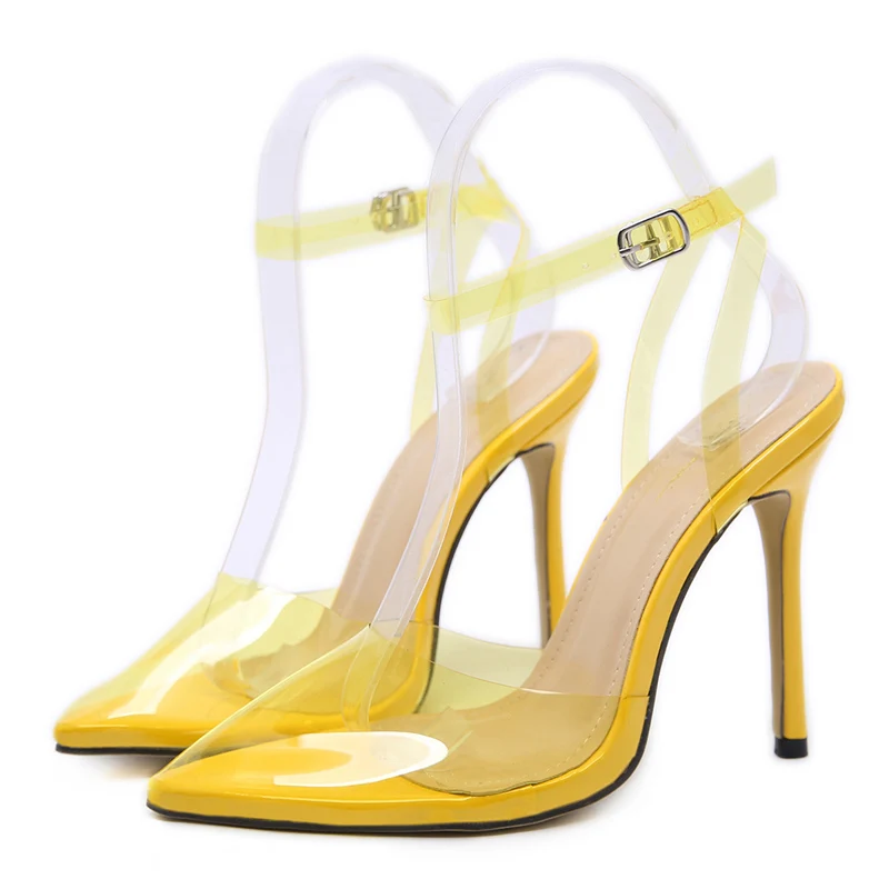 

2019 Lady Sexy Gladiator PVC Yellow Sandals Wedding Club Party Prom Dress Shoes Stiletto Cute Transparent Blue Heels Sandals
