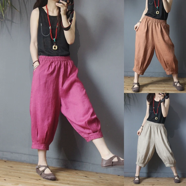 

Summer New Women Casual All-match Loose Plus Size Vintage Calf-length Elastic Waist Cotton Linen Lantern Pants Trousers 4 Colors