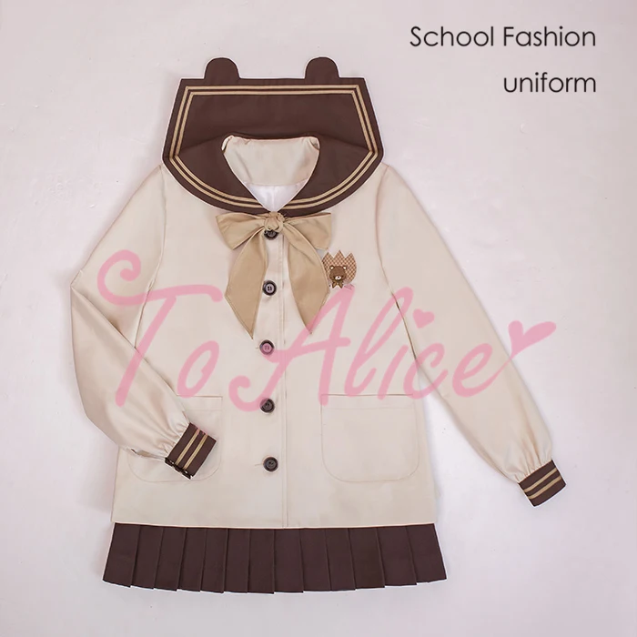 

Tulip Bear Embroidery Cute Japanese Student JK Uniform Set: Sailor Collar Loose Blouse & Bow + Chocolate Pleated Skirt