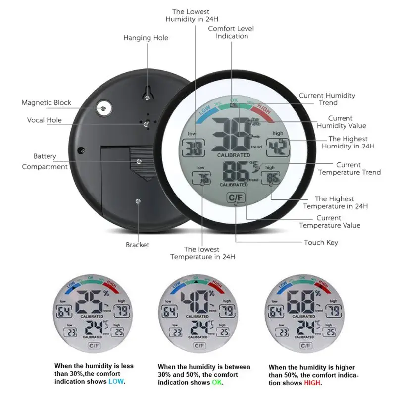 Цифровой ЖК-дисплей Крытый термометр гигрометр круглый беспроводной электронный измеритель температуры и влажности Метеостанция тестер