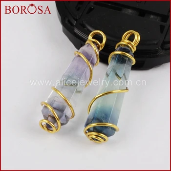 

BOROSA Gold Color Wire Wrap Multi-Color Fluorite Point Charm Jewelry Natural Fluorite Stone Charm Bead Pendant WX446