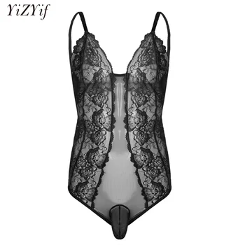 

YiZYiF Mens Adjustable One-Piece Bodysuit Sheer Crossdress Lingerie Floral Lace Sissy Pouch Panties Pajama Nightwear Sleepwear