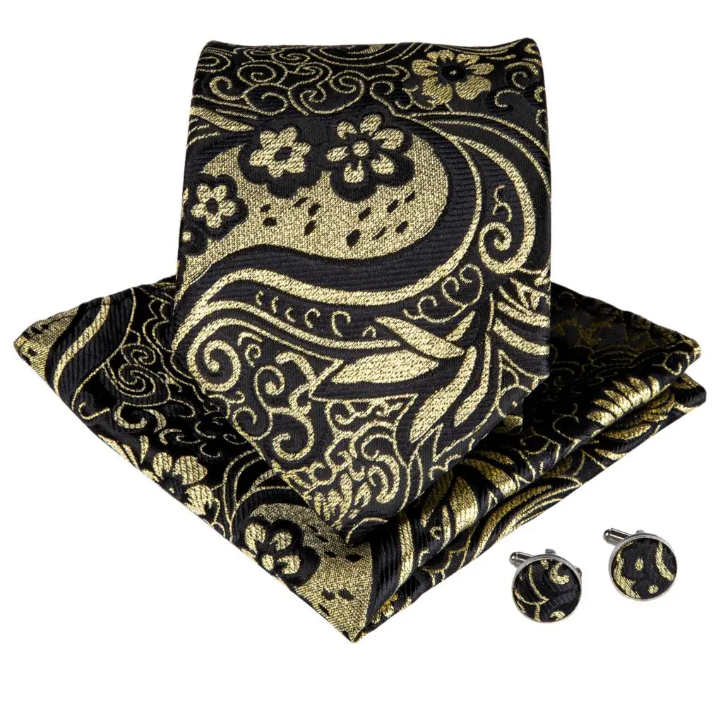 Мужской галстук, золотой, черный, Пейсли дизайн, Свадебный галстук для мужчин, галстук-бабочка, шелковый галстук, Hanky запонки, дибангу