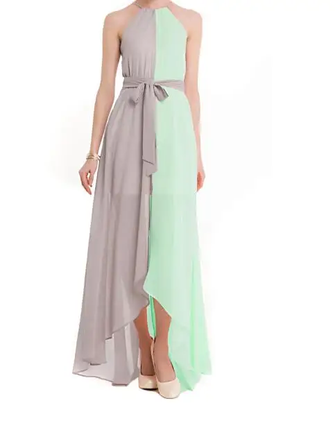 

Women patchwork 2 colors print halter chiffon long dress vestidos Sexy split beach summer dress with waist belt