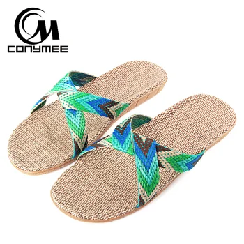 

CONYMEE Home Slippers 2018 Summer Men Flat Shoes Casual Sneakers Cross Blet Man Flax Sandals Flip Flops Linen Zapatos Hombre