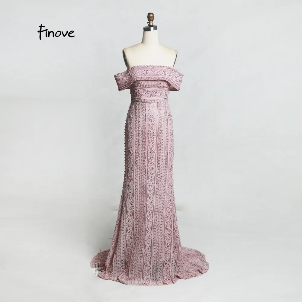 

Finove Evening Dress Long 2019 Top Selling Woman Lace Dress Chic Boat Neck Fully Pearls Floor Length Sexy Clothing Plus Size