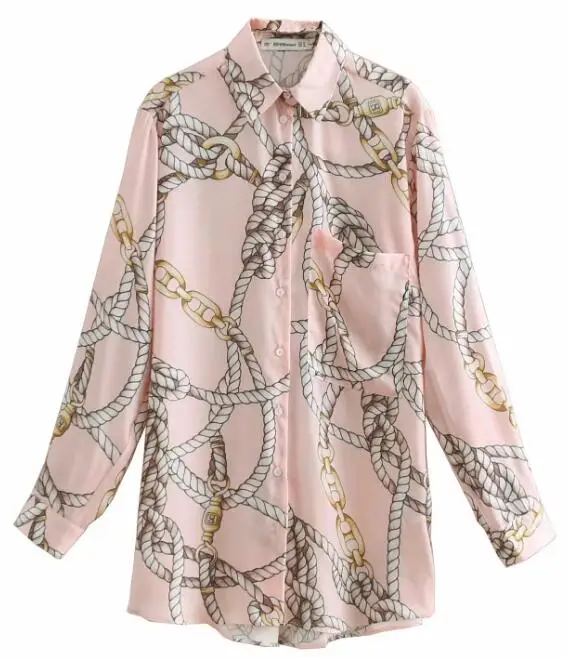 Новинка, женская модная повседневная розовая блуза с принтом в виде цепочки, рубашки, Женская сорочка с карманами, шикарные Блузы с длинным рукавом, женские топы LS3162 - Цвет: as pic LS3162