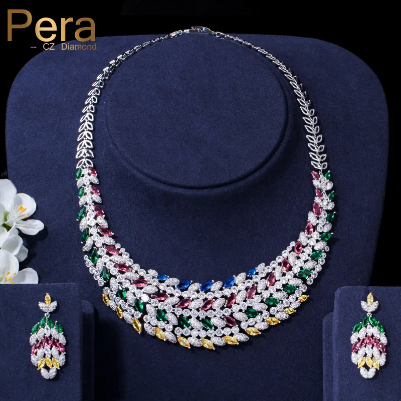 

Pera Luxurious African Bridal Wedding Big Colorful Cubic Zirconia Choker Necklace And Earrings Jewelry Set For Brides Gift J078