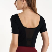 Jinseyuan Для женщин тренажерный зал короткий рукав со встроенным бюстгальтером, сексуальным вырезом на спине и сетка тренировки стрейч сухом прохладном влагу Йога Майка, Топ