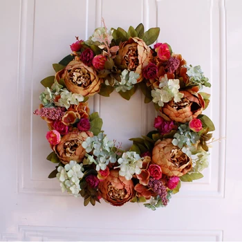 

White Peony Wreath Christmas Wreath Door Wall Hanging Ornament Rattan Round Garland Decoration Artificial Flower Fake Flower
