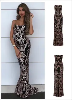 

Hot Sale Fashion Sexy Women Black Sequined Dress Strapless Bandage Floor-Length Dress Top Quality