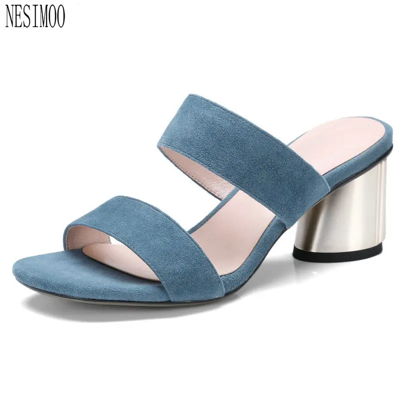 

NESIMOO 2018 Western Style Women Sandals Shoes Woman Kid Suede Slingback Square High Heel Ladies Wedding Shoes Size 34-42