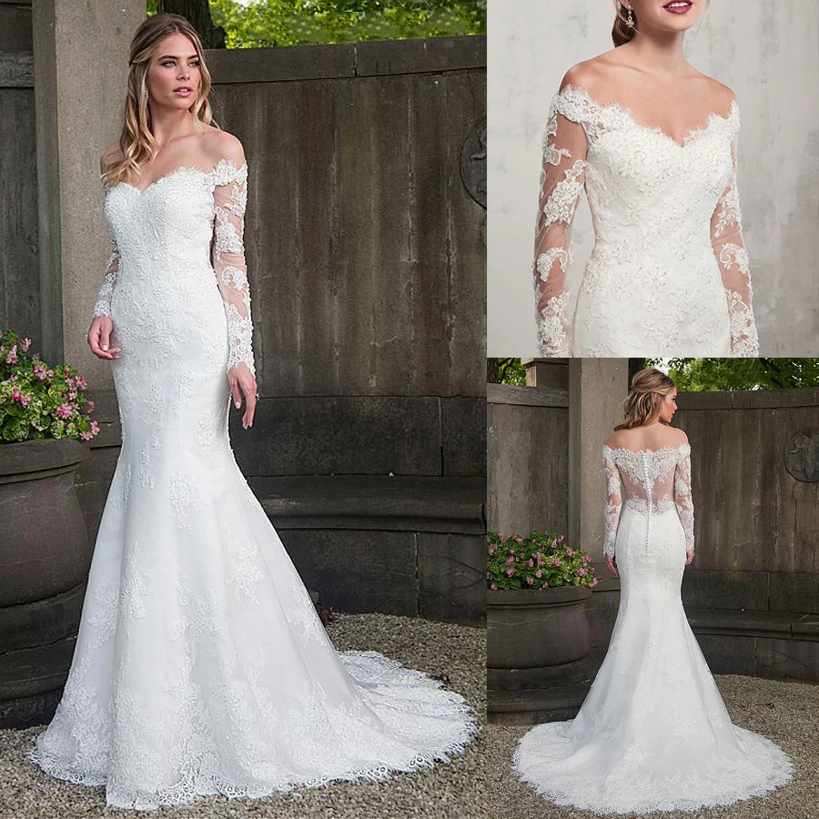 

Modest Tulle Off-the-shoulder Neckline Mermaid Wedding Dress With Lace Appliques Button Back Long Sleeves Bridal Dress