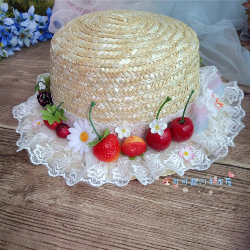 Diy ремесло Лолита соломенная шляпа для девушки шляпа плоские мягкие сестры дети готовят маленькие и чистые и свежие Клубничные цветы бутон шелк - Цвет: M (adult)