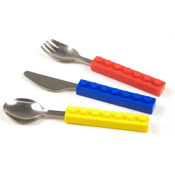 

3Pcs Creative Building Blocks Handle Stainless Steel Kids Spoons Forks Knife Baby Feeding Tableware Kids Toddler Dishe Tableware