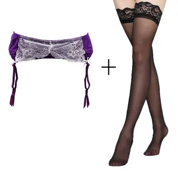 

Sexy Garter Purple Lace Classic Metal Buckles Garter Belt with Black stocking set for Women/female/lady, Clothing accessories