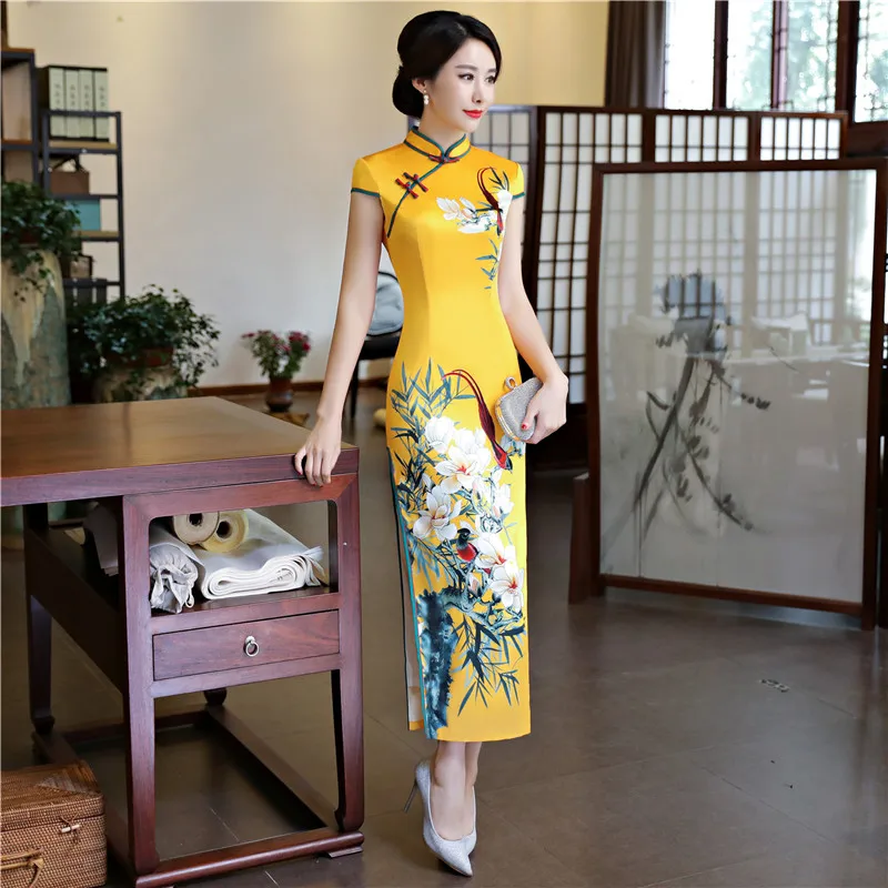 Шанхай история из искусственного шелка Qipao длинное платье Cheongsam национальный тренд платья короткий рукав тонкий традиционный китайское