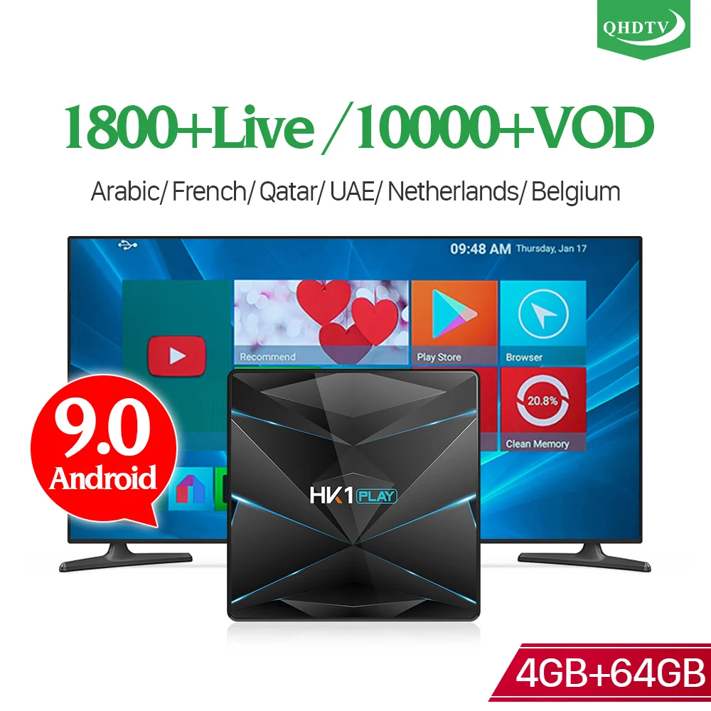 

QHDTV Android 9.0 IPTV Arabic Italia HK1Play S905X2 4G 64G 1 Year QHDTV Code Dual-Band WIFI IPTV French Spanish smart tv box