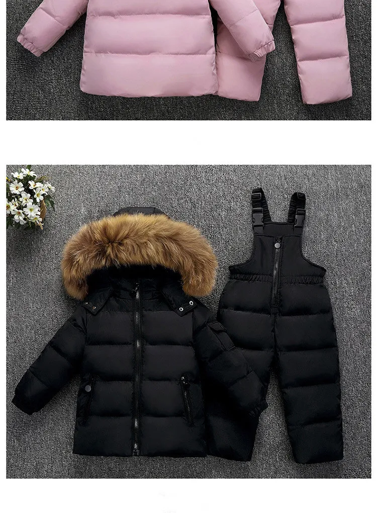 30 Degrees Winter Children Down Jacket Clothing Sets Furry Collar Girls Down Jackets+ Overalls Kids Warm Suit For Boys