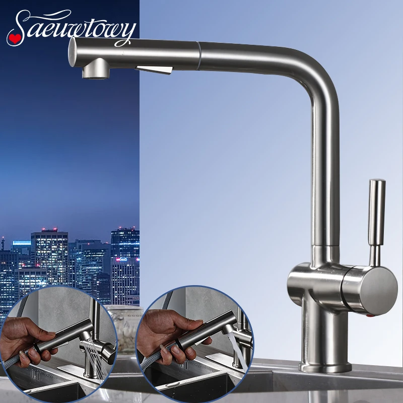 

Chrome&Brushed Nickle Kitchen Faucet Deck Mounted Pull Out Hot and Cold Mixer Sink Tap Single Holder Single Hole with Brass