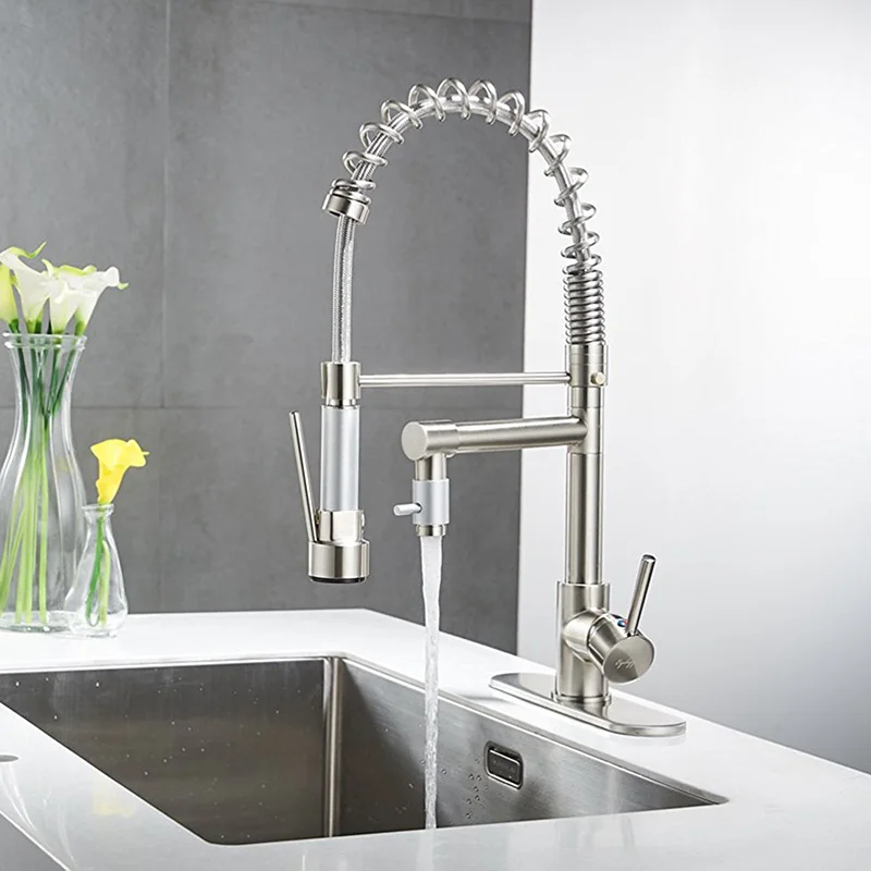

Deck Mounted Kithen Faucet 360 Swivel Spout LED Sprayer Hand Pull Down Spring Handheld Spout Mixer Tap