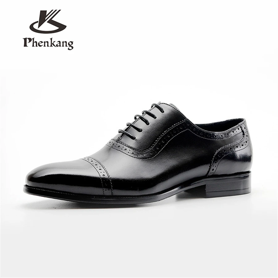 Phenkang Men Genuine Leather Shoes Man Business Dress Classic Style Coffee Black Lace Up Pointed Toe Shoes For Men Oxford