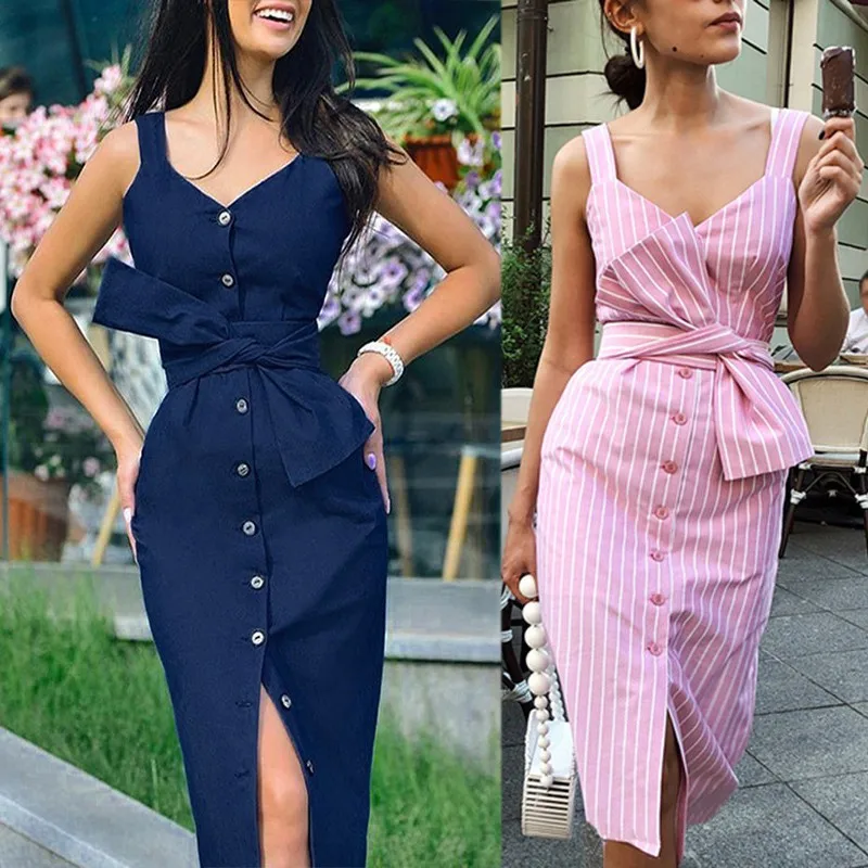 

2019 Summer Ladies Striped Print Square Collar Button Dress Ladies Simple Fashion Straight Shirt Knee-length Dress