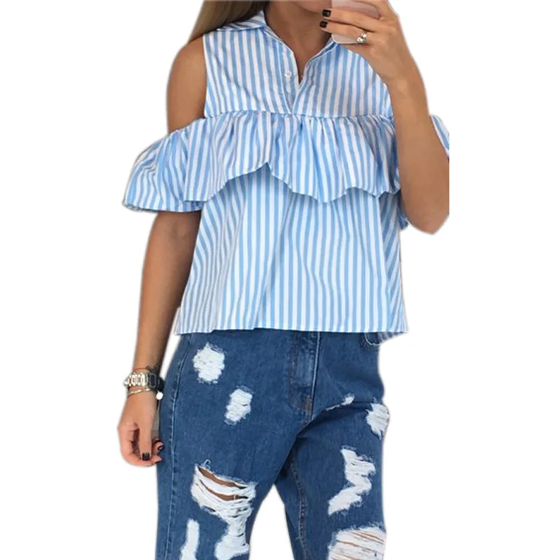 

Women Striped Blouse Shirts 2018 Club Sexy Girls' Butterfly Sleeve Lapel Plaid Shirt Off Shoulder Tops Summer Cropped Tops LX167