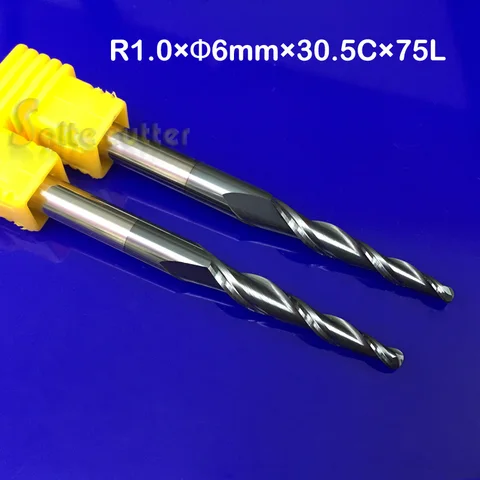 Carboneto de Tungstênio Cônica e Cone Frete Grátis 30.5 75l 2f Hrc55 Sólido Revestido Nano Taper Bola Nariz Fresa Bit Madeira R1.0 * d6