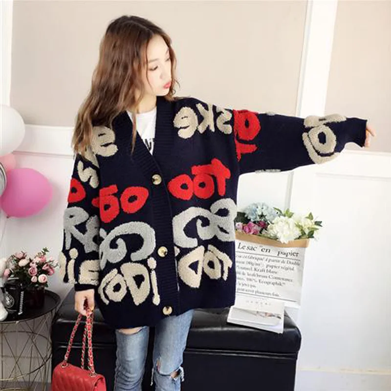 Women's Letter Print Knit Sweater - 2019 Spring Autumn New Korean Long Sleeve Single Breasted Thick Loose Cardigans by VANGULL image 4