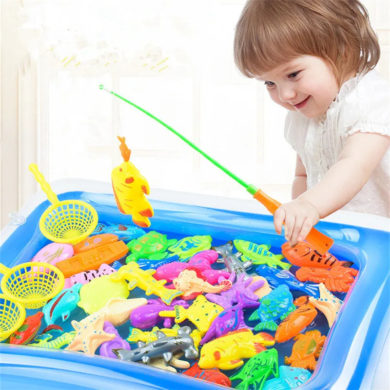 

41pcs/bag Child Magnetic Fishing Toy Kids Model Fishing Games With Inflatable Pool Rod Net Set Summer Outdoor Toys