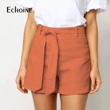 Повседневные однотонные хлопковые льняные шорты для женщин, новые летние повседневные тонкие свободные шорты с поясом для отдыха, женские стильные шорты с высокой талией