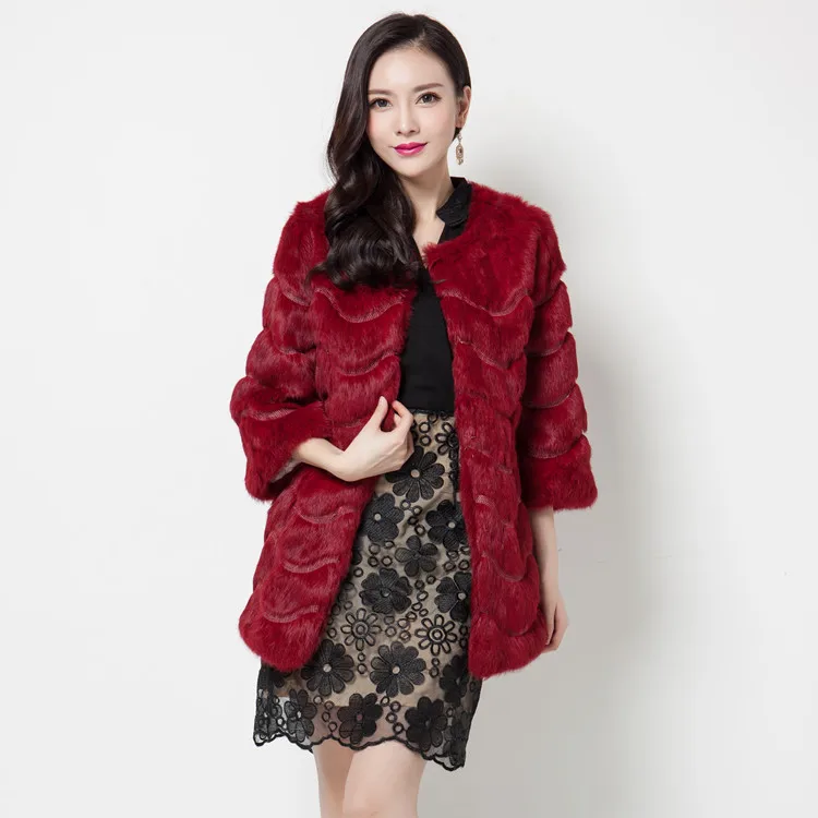 

Fashion wave shape stripe embroidery real rabbit fur coats and jackets women slim whole skin rabbit fur winter coat outerwear
