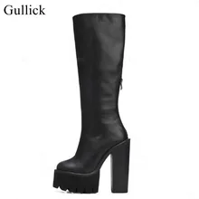 Пикантные черные сапоги кожаные сапоги до колена на массивном каблуке Для женщин высокие зимние сапоги черные кожаные Высокая платформа Туфли под платье Молния сзади загрузки