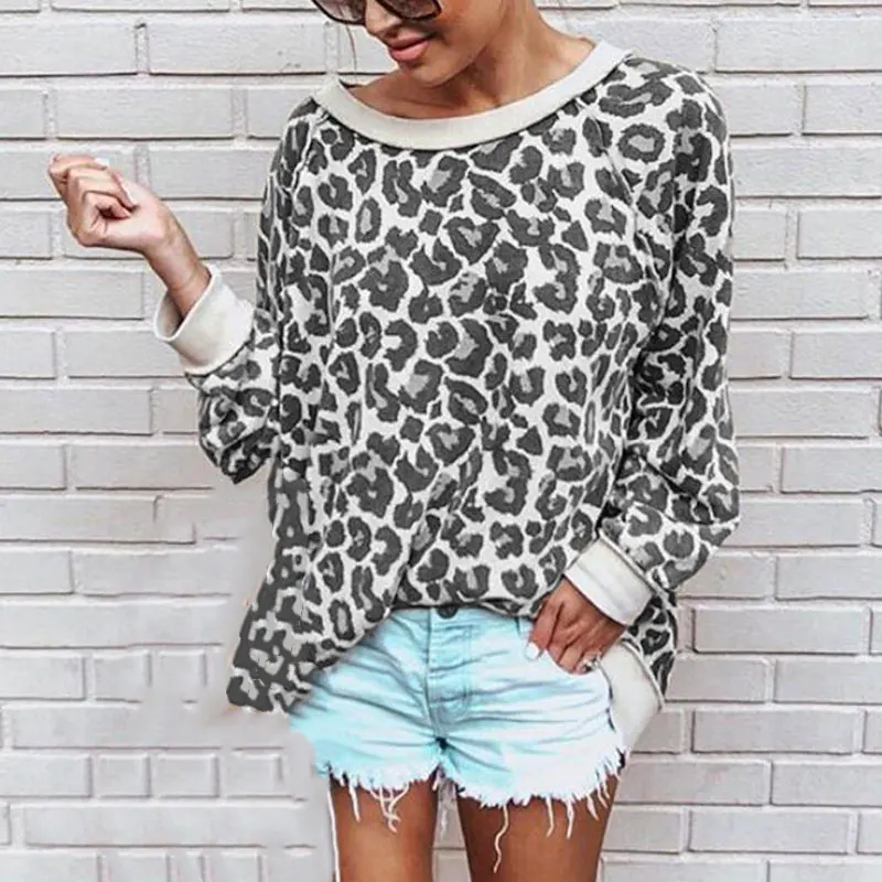

New Arrival Women Autumn Hoodies Leopard Print Tops Round Neck Long Sleeve Sweatshirt