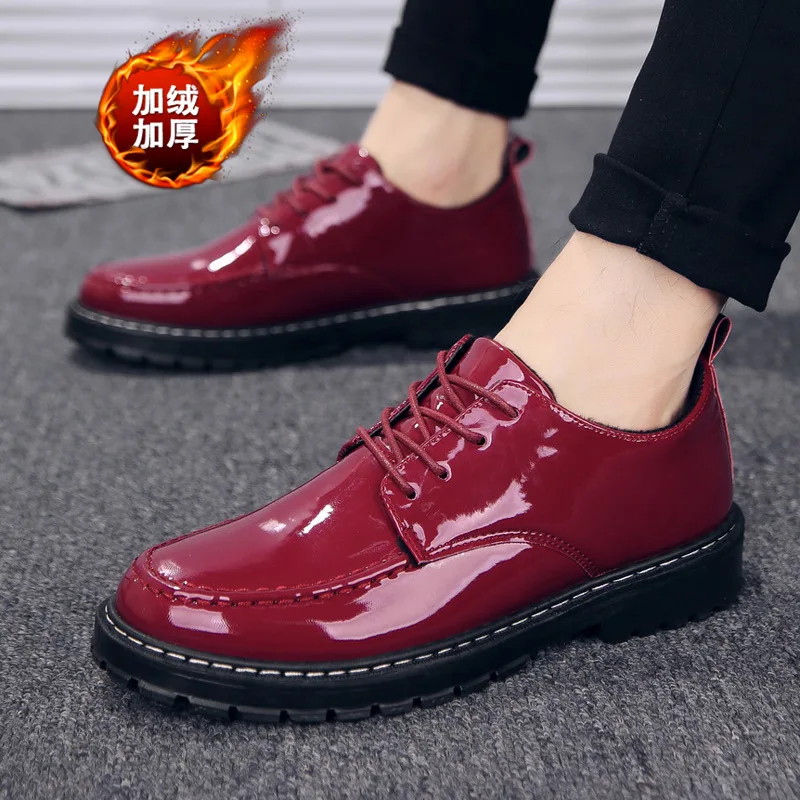 Autumn Winter Man Italian Dress Leather Shoes Boots Warm Plush Shoes Mens Patent Leather Lace Up Business Formal Office Shoe Red