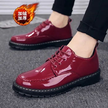 

Autumn Winter Man Italian Dress Leather Shoes Boots Warm Plush Shoes Mens Patent Leather Lace Up Business Formal Office Shoe Red
