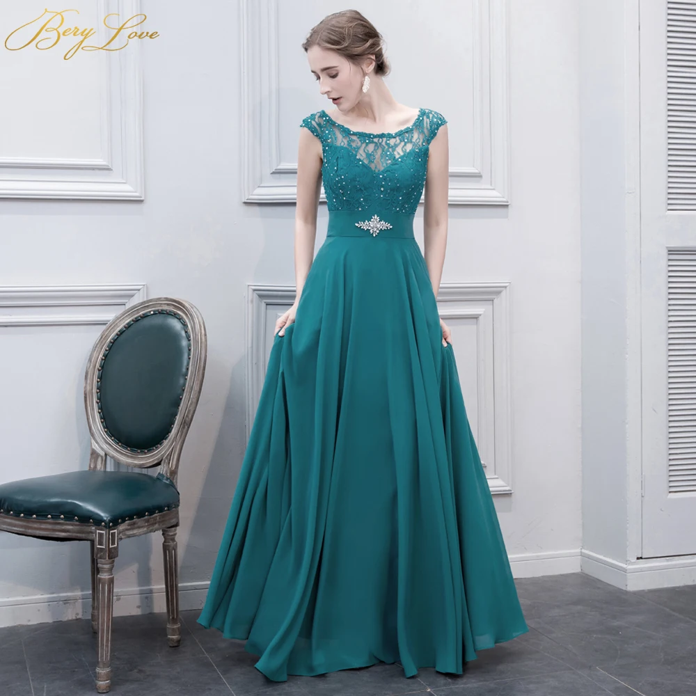 

BeryLove Vintage Green Teal Evening Dress 2019 Long Beaded Lace Formal Evening Gown Women Prom Dress Elegant Lace Gown