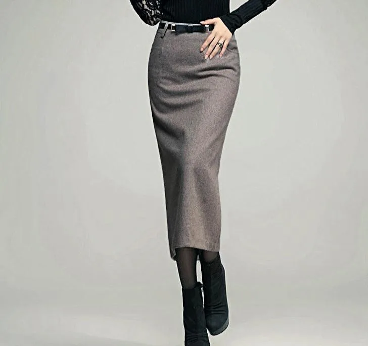 Woolen high waist ol slim long pencil skirt in Skirts