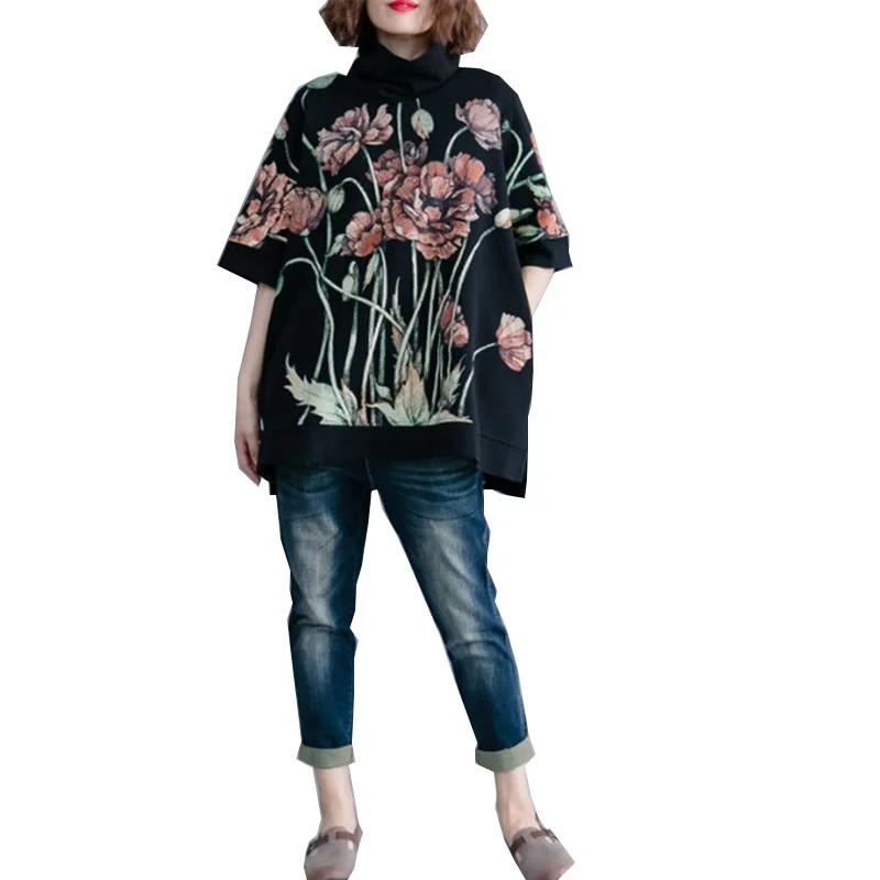 

SexeMara 2019 Spring New T-Shirt Black Large Code Real Shot Loose Large Size High Collar Sleeve Printed Wild T-Shirt