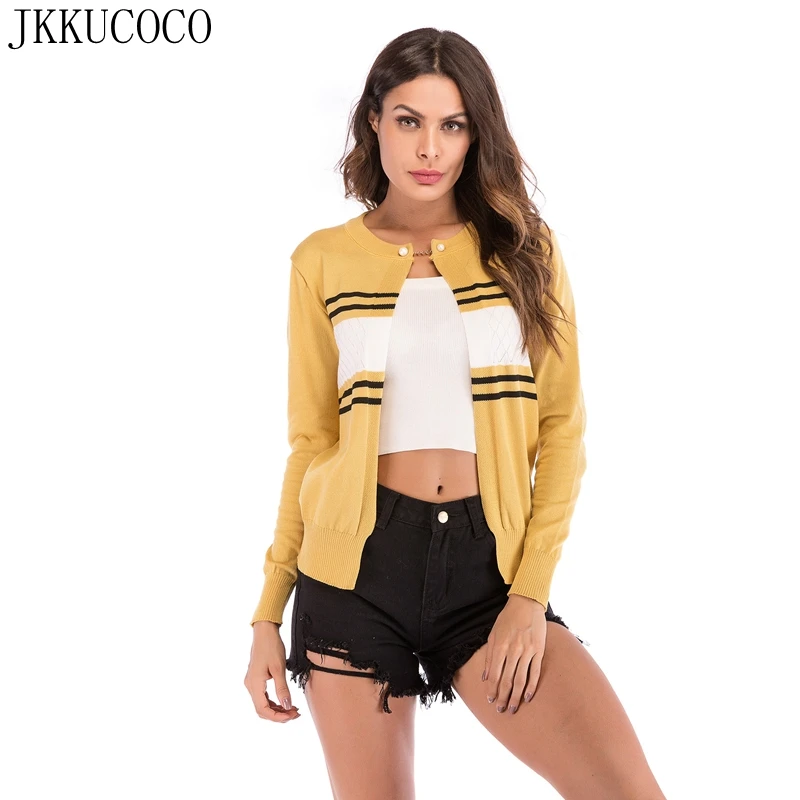 

JKKUCOCO Mix Color patchwork Striped sweaters Women Cardigans Beading Short Women sweaters Casual Knitted Sweaters 4 Colors M-XL