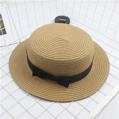 Seioum/ ; соломенная шляпа на плоской подошве для защиты от солнца; шляпа-канотье для девочек; летние женские шляпы с бантом; пляжная соломенная шляпа на плоской подошве; соломенная шляпа; chapeau femme - Цвет: Khaki